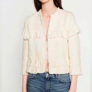 Zara (M) Cream Ruffle & Fringe Tweed Jacket NWOT